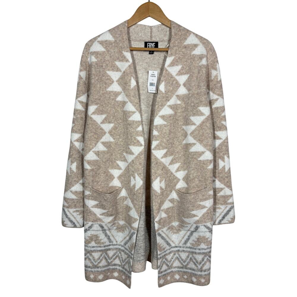 NEW! Frye The Cozy Cardigan Tan Duster Pockets Soft Print Casual Knit - S